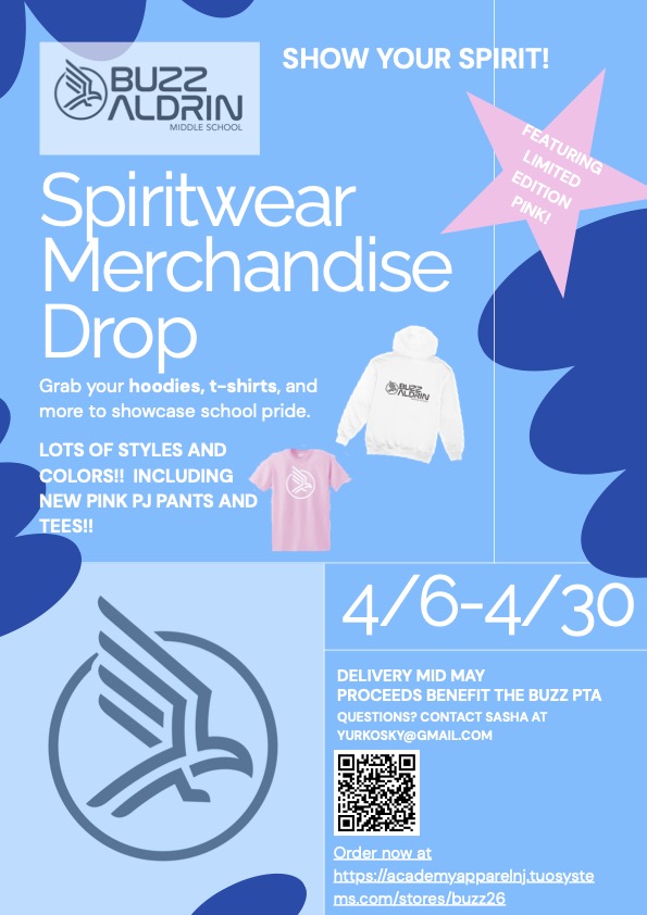 Buzz Aldrin Middle School Spiritwear Merchandise Drop — order 4/6 through 4/30, delivery mid May