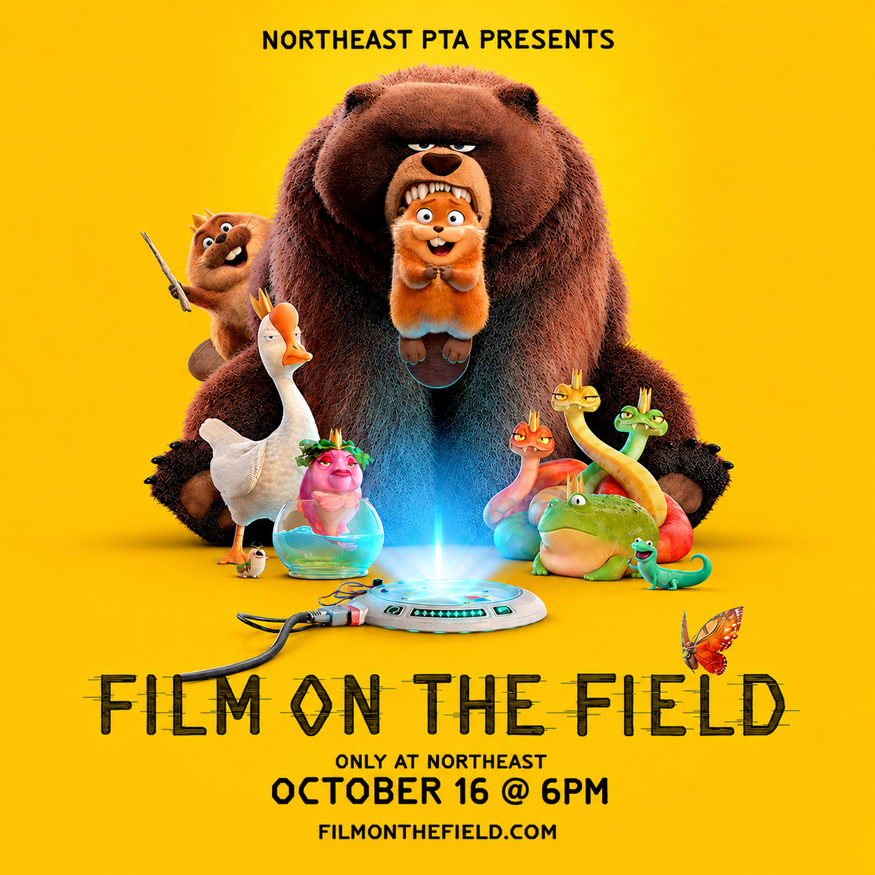 Northeast PTA presents Film on the Field: Hoppers. Only at Northeast, October 16 at 6 PM. filmonthefield.com