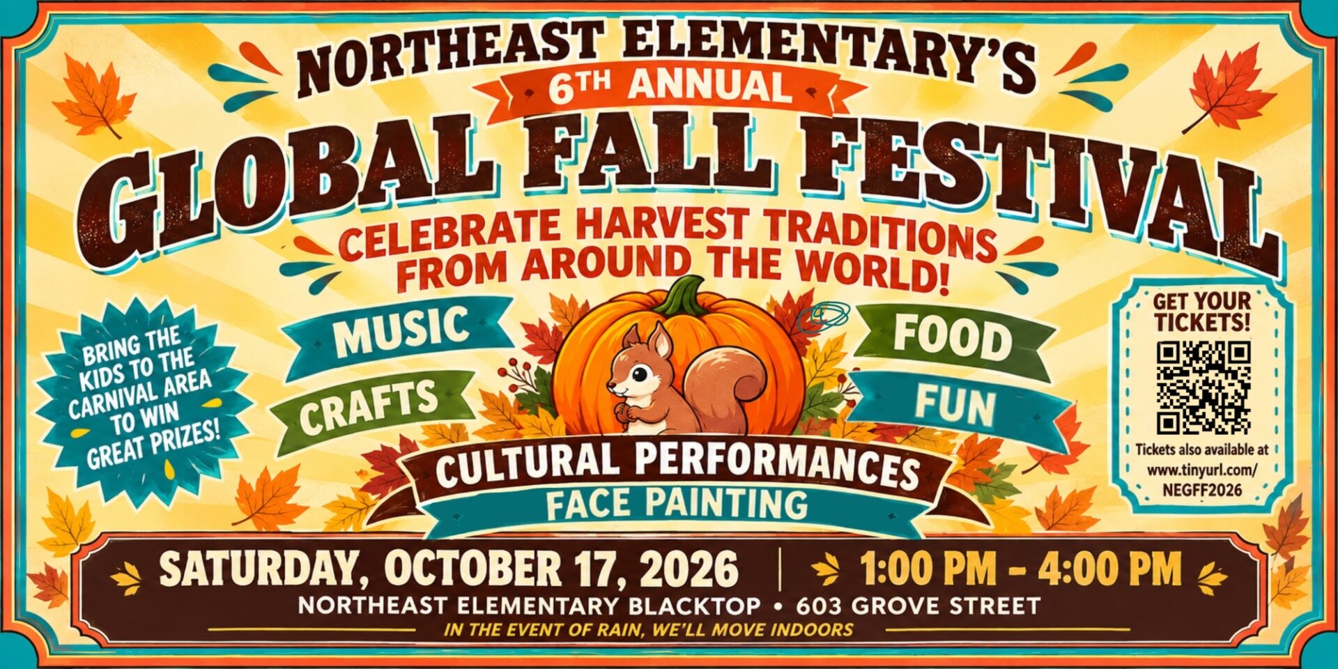 Northeast Elementary's 6th Annual Global Fall Festival: music, crafts, food, fun, cultural performances and face painting. Saturday, October 17, 2026, 1 to 4 PM on the Northeast blacktop, 603 Grove Street. In the event of rain, we'll move indoors.